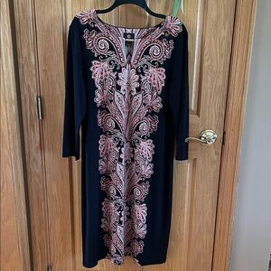 JM Collection Elegant Black Dress with Rust Paisley Design and Rhinestones
